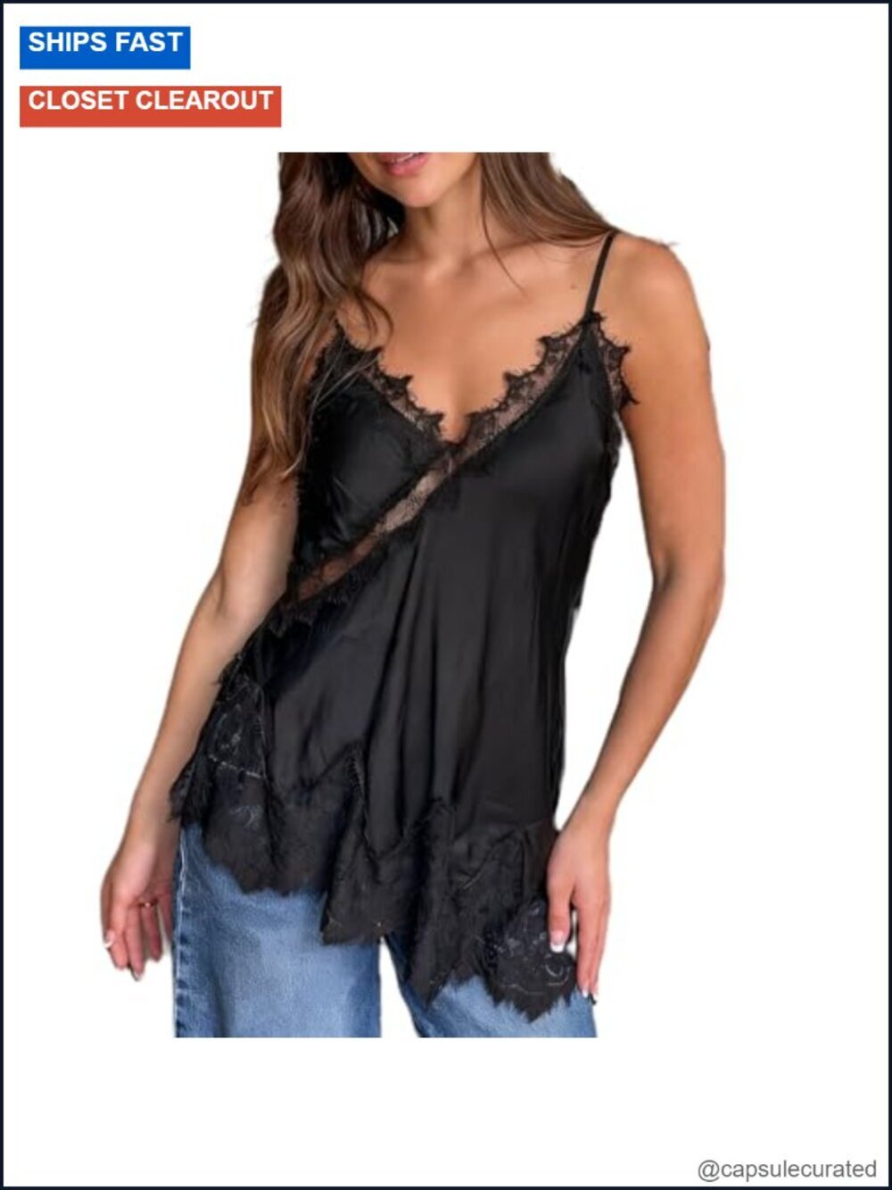 Satin Spaghetti Strap Cami Lace Patchwork Y2k Sleeveless Low Cut Going Out Top